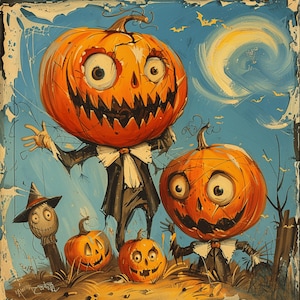 May include: A Halloween illustration depicting several orange pumpkin-headed figures with exaggerated facial expressions. The background is a blue sky with a crescent moon and bats. The pumpkins are dressed in scarecrow-like attire.