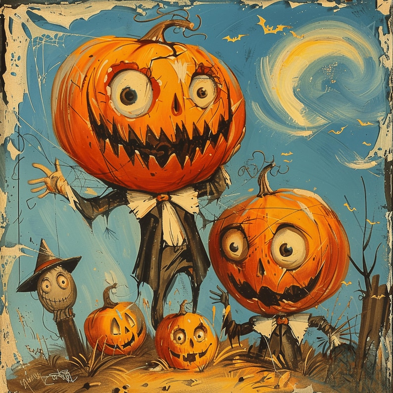 May include: A Halloween illustration depicting several orange pumpkin-headed figures with exaggerated facial expressions. The background is a blue sky with a crescent moon and bats. The pumpkins are dressed in scarecrow-like attire.