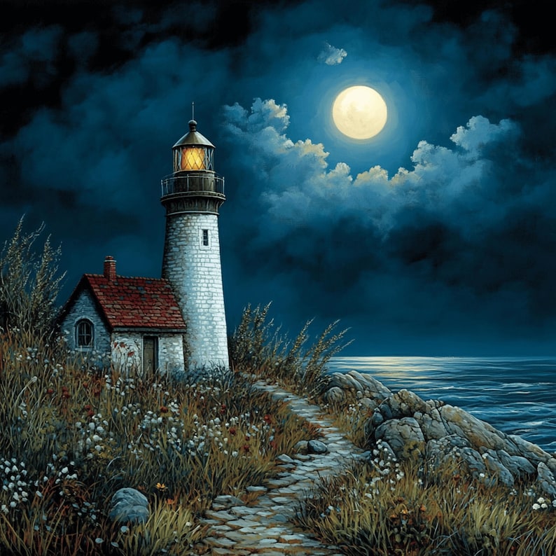 May include: A white lighthouse with a light on top stands on a rocky cliff overlooking a dark blue ocean. The moon is full and bright in the sky, casting a soft glow on the scene. A stone path leads up to the lighthouse, surrounded by tall grass and wildflowers.
