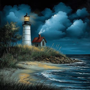 May include: A white lighthouse with a yellow light shines brightly against a dark blue sky with fluffy white clouds. A small red-roofed house sits beside the lighthouse. The scene is set on a rocky shore with waves crashing on the beach.