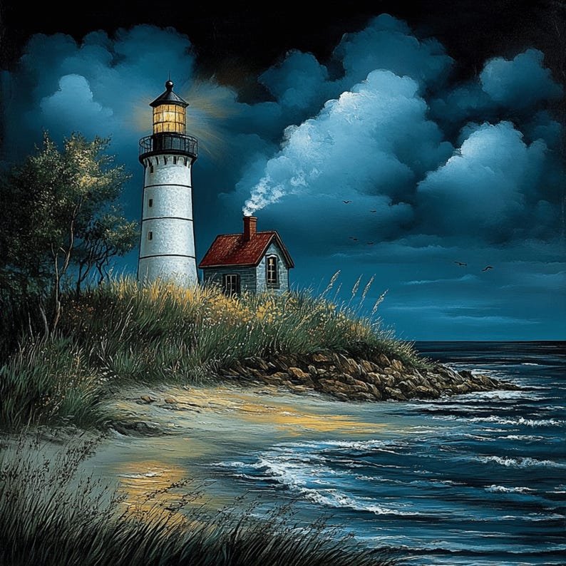 May include: A white lighthouse with a yellow light shines brightly against a dark blue sky with fluffy white clouds. A small red-roofed house sits beside the lighthouse. The scene is set on a rocky shore with waves crashing on the beach.