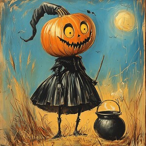 May include: A Halloween-themed painting featuring a figure with a carved orange pumpkin head, wearing a black dress and holding a wand, standing near a cauldron. The background includes a blue sky, a full moon, and tall grass.