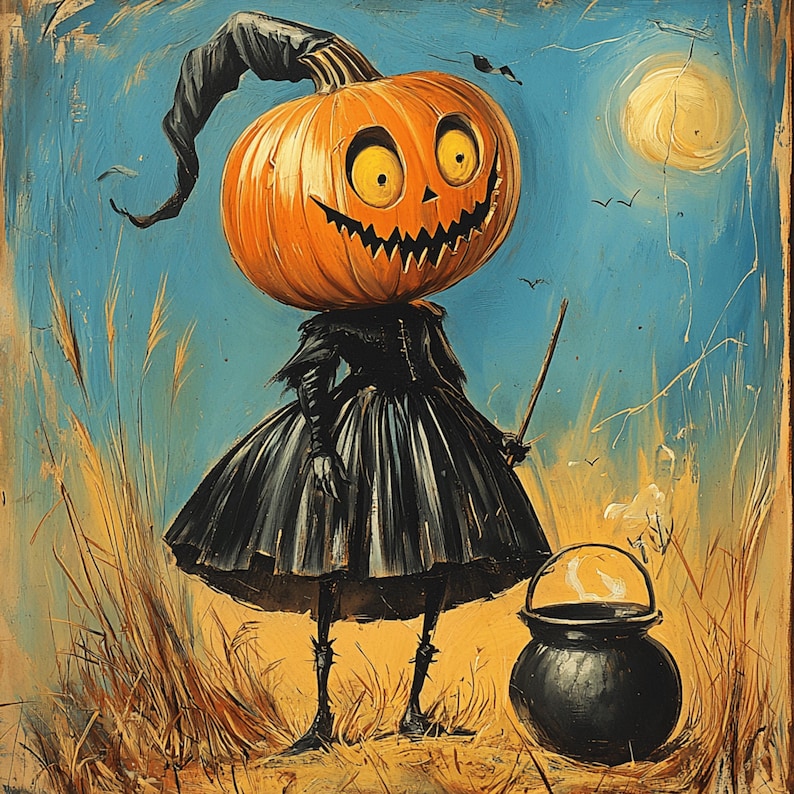 May include: A Halloween-themed painting featuring a figure with a carved orange pumpkin head, wearing a black dress and holding a wand, standing near a cauldron. The background includes a blue sky, a full moon, and tall grass.