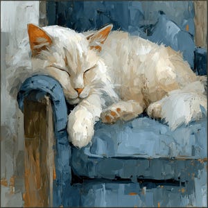 Puede incluir: Pintura al óleo de un gato color crema durmiendo en un sillón azul. Los ojos del gato están cerrados y sus patas son visibles. La pintura tiene un estilo texturizado, con pinceladas, con tonos crema, naranja y azul.