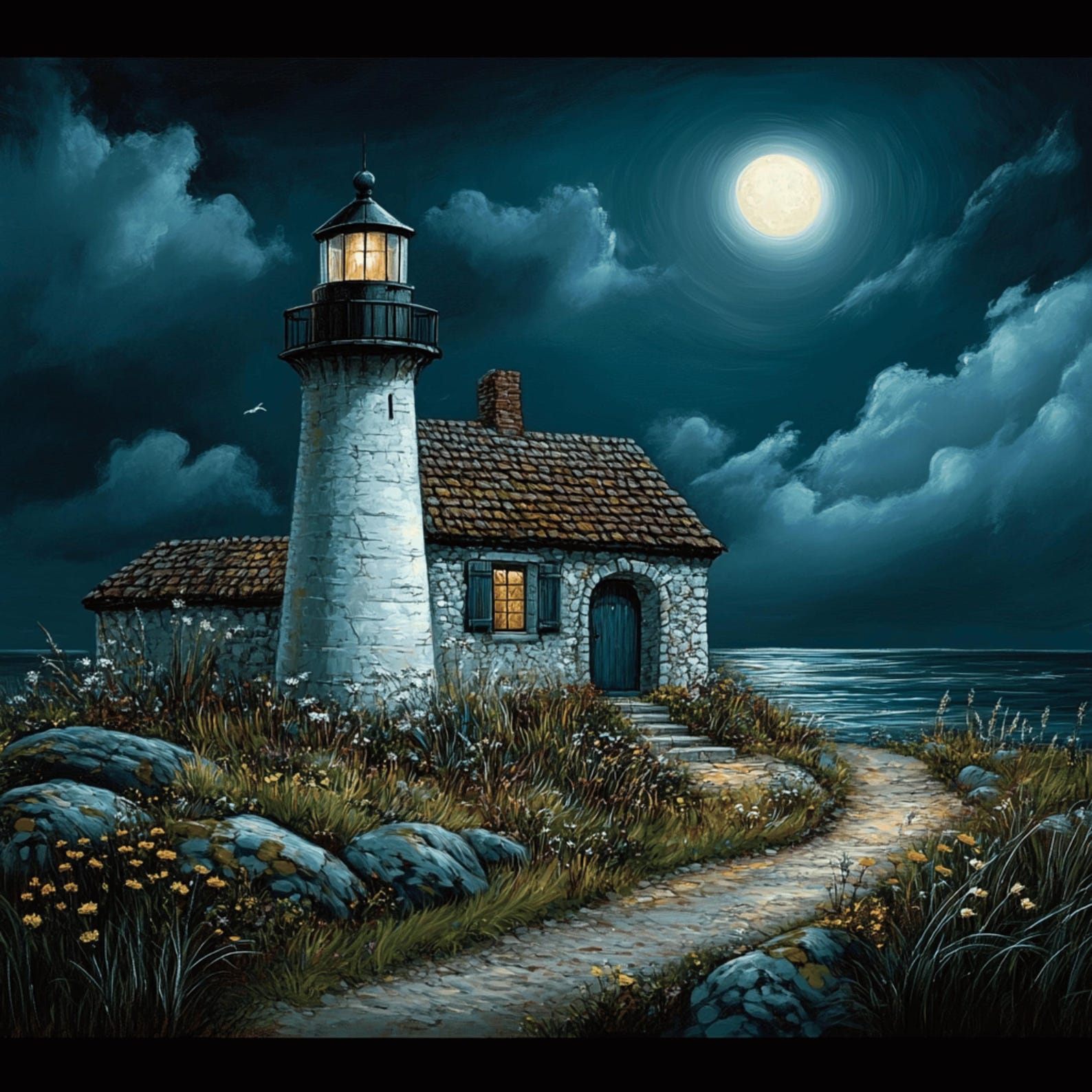 25 Digital Images, Lighthouse at Night, Large Square Moody Artwork ...