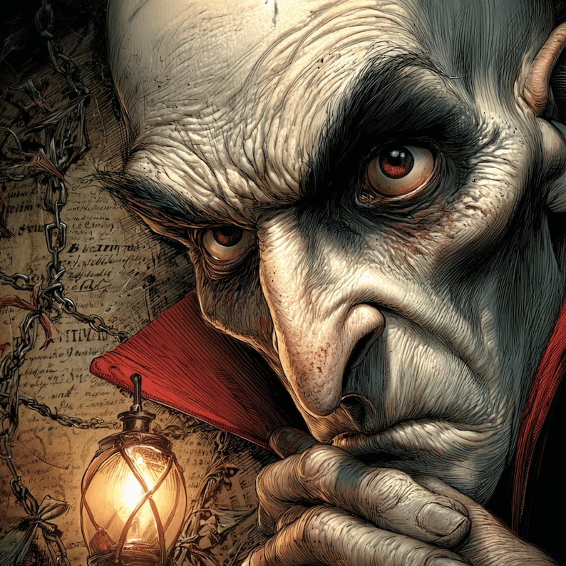 May include: A detailed illustration of a pale-skinned man with intense red eyes, a furrowed brow, and a stern expression. He wears a red collar and is set against a backdrop of aged parchment and a hanging lantern.