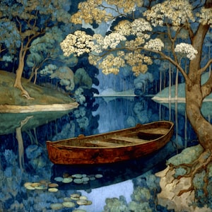 Vintage Ruderboot Kunstdrucke: Stimmungsvolle Waldlandschaft