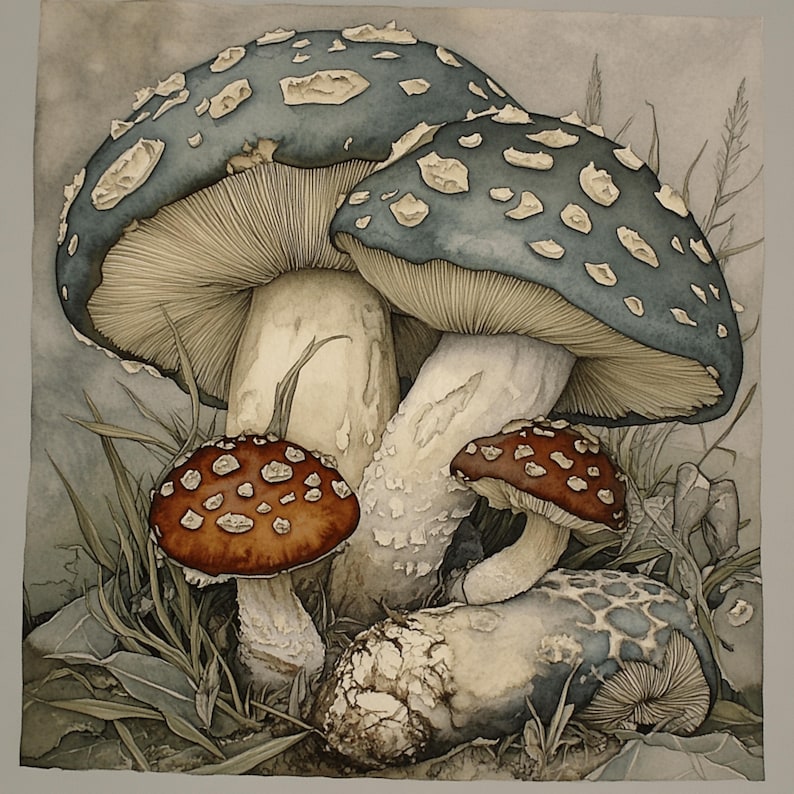 K&ouml;nnte beinhalten: Aquarellmalerei mit mehreren Pilzen in einer nat&uuml;rlichen Umgebung. Die gro&szlig;en Pilzkappen sind blau-grau mit wei&szlig;en Punkten. Kleinere Pilze haben braune Kappen mit wei&szlig;en Punkten. Die Stiele sind wei&szlig;, der Hintergrund ist ein ged&auml;mpftes Grau.