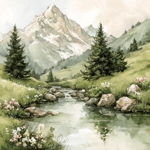 Könnte beinhalten: Aquarellmalerei einer Berglandschaft mit einem fließenden Fluss. Die Szene zeigt einen schneebedeckten Berg, grüne Hügel, immergrüne Bäume und Wildblumen. Der Fluss spiegelt die umliegende Landschaft wider.