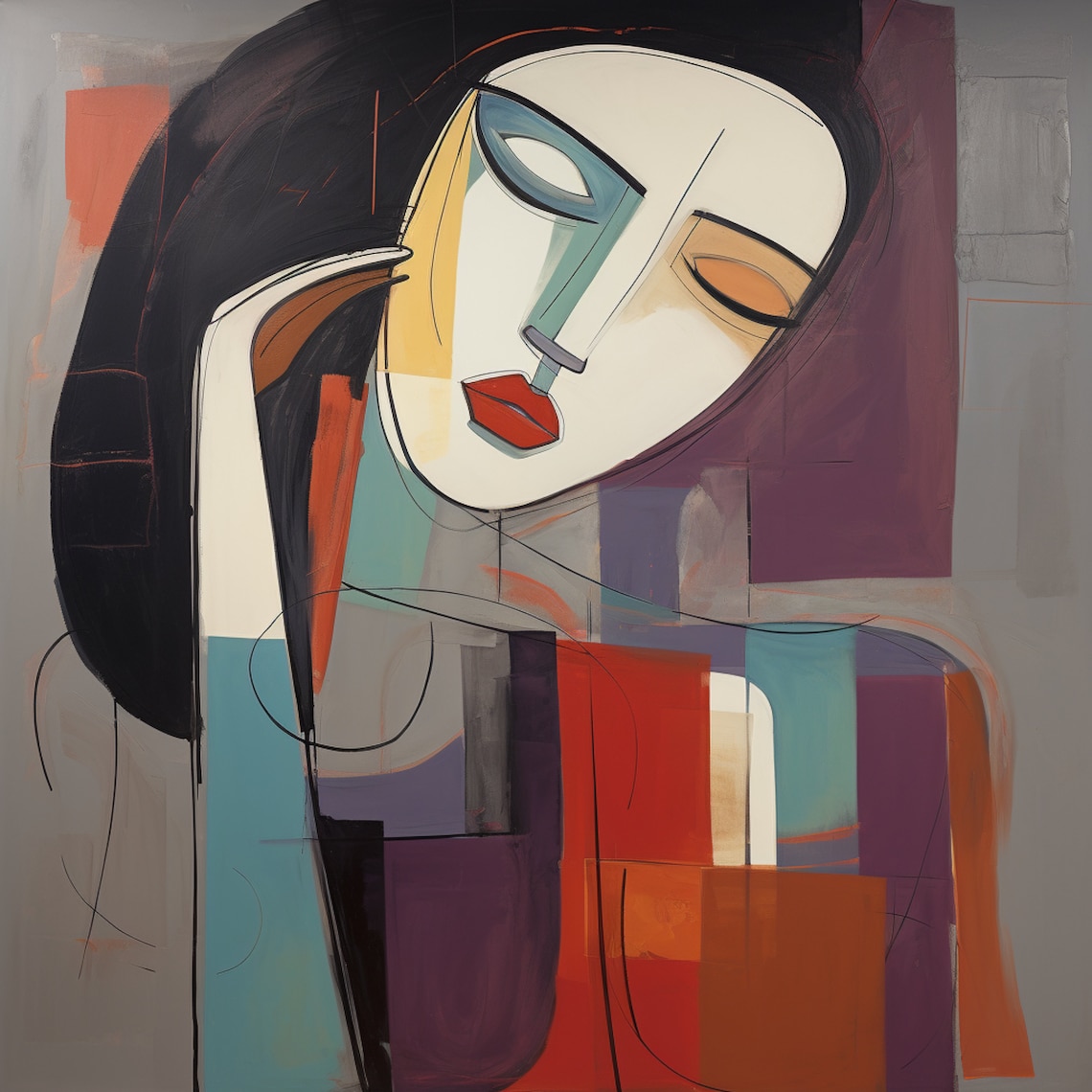NINE Modern Abstract Female Portrait Wall Art, Bold Cubist Influence ...
