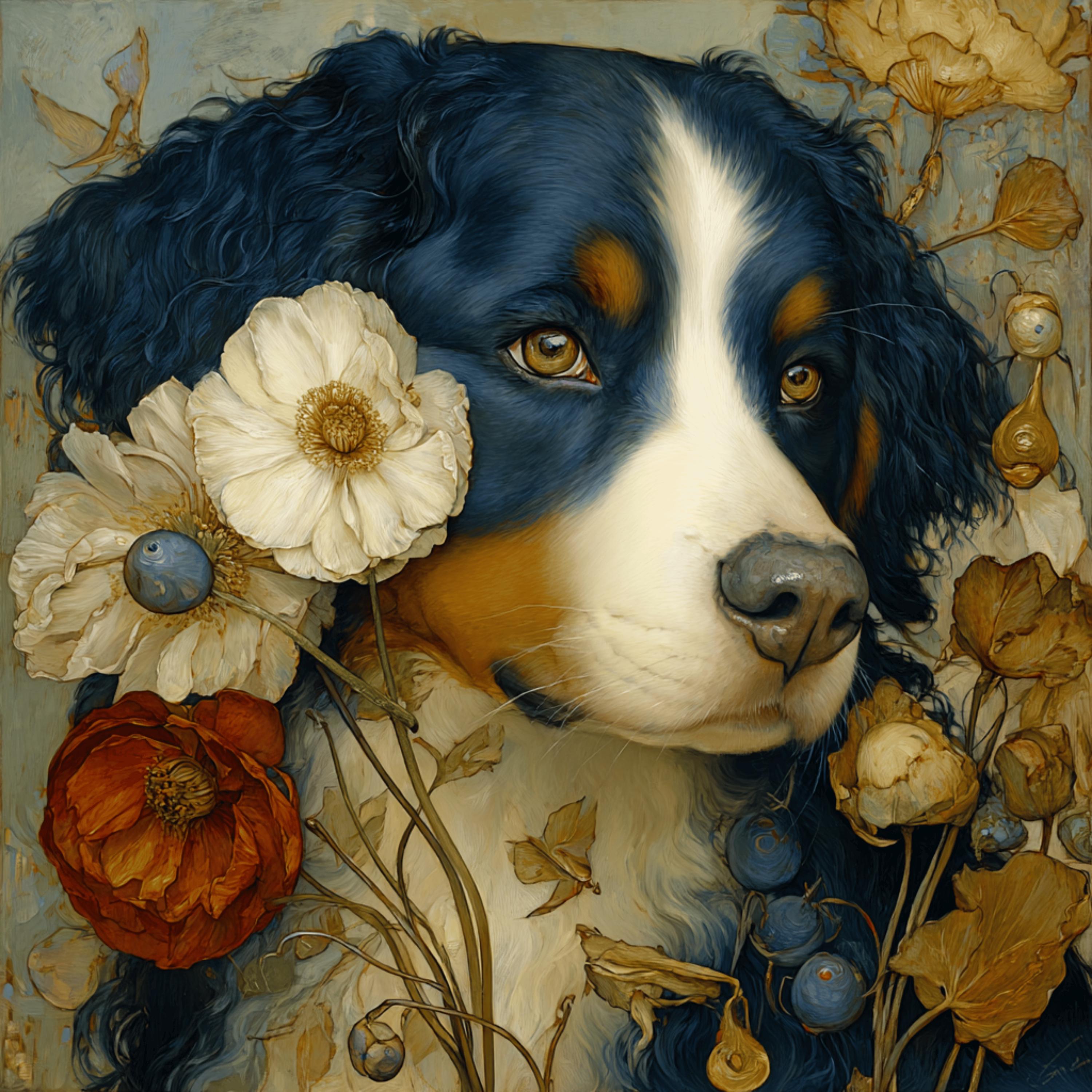 絵画『犬』ヘイ平山画 バーニーズ・マウンテン・ドッグの肖像画50枚、素朴なペットの壁アート