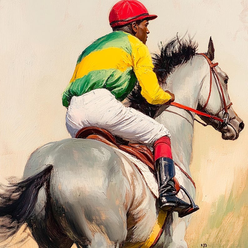 K&ouml;nnte beinhalten: Ein Gem&auml;lde, das einen Jockey auf einem grauen Pferd zeigt. Der Jockey tr&auml;gt eine rote M&uuml;tze, ein gr&uuml;n-gelb gestreiftes Hemd, eine wei&szlig;e Hose und rot-schwarze Stiefel. Das Pferd galoppiert mit dem Kopf zur Seite gedreht.