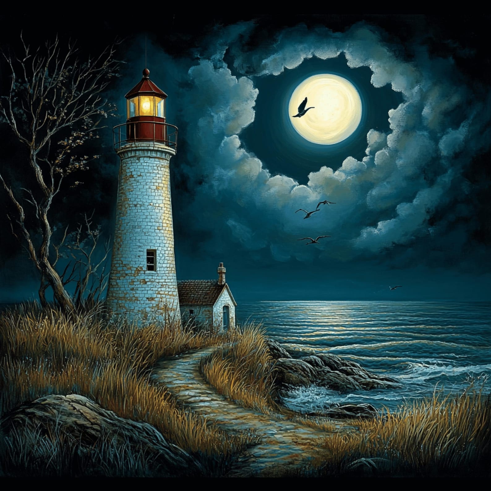 25 Digital Images, Lighthouse at Night, Large Square Moody Artwork ...