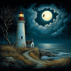 May include: A white lighthouse with a red roof stands on a rocky cliff overlooking a dark blue ocean. The moon shines brightly in the night sky, casting a soft glow on the water. A path leads up to the lighthouse, surrounded by tall grass.