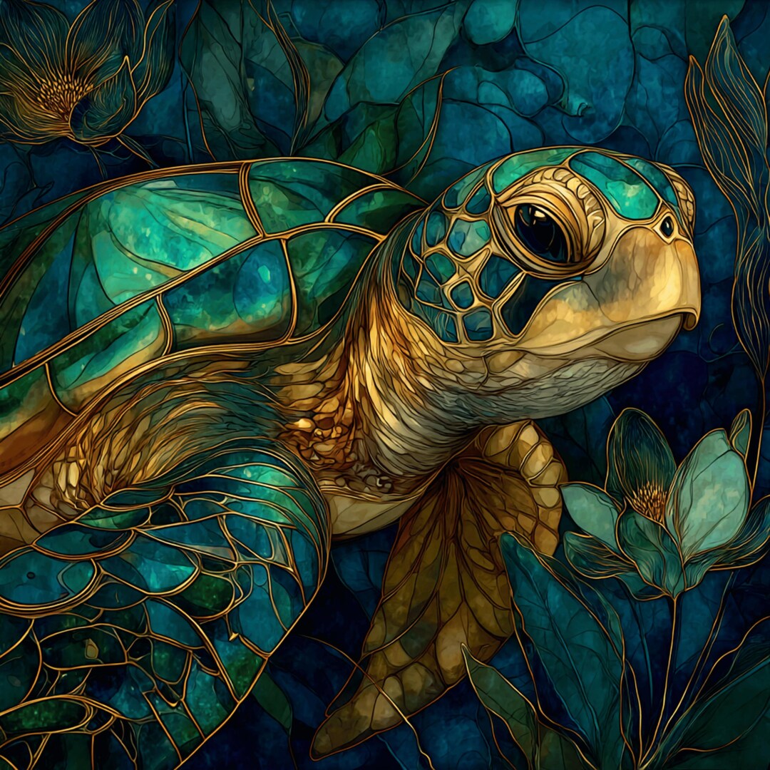 24 Jewel Tone Sea Turtle Art With Gold Line Detail - Etsy