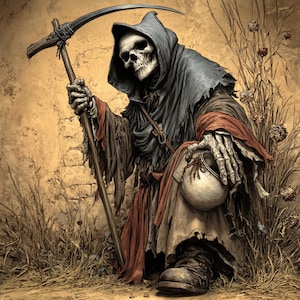 May include: An illustration of the Grim Reaper, a skeletal figure in a dark hooded cloak, holding a scythe. The figure is set against a sepia-toned background with a brick wall and tall grass.