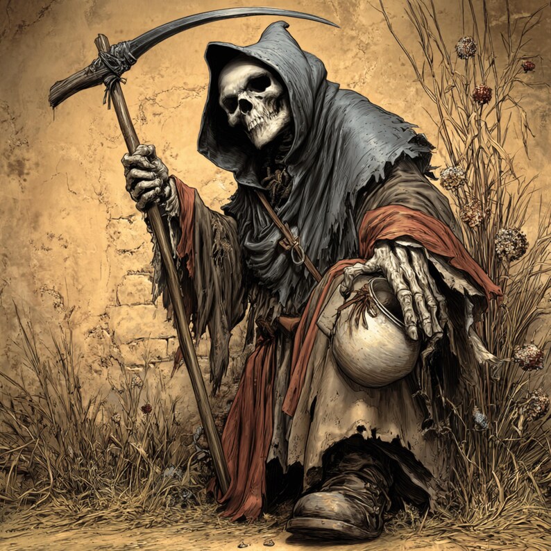 May include: An illustration of the Grim Reaper, a skeletal figure in a dark hooded cloak, holding a scythe. The figure is set against a sepia-toned background with a brick wall and tall grass.