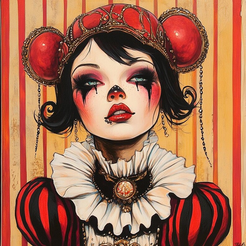May include: A woman with black hair and red and white clown makeup wears a red and gold crown with large red ears. She is wearing a white ruffled collar and a red and black striped dress.