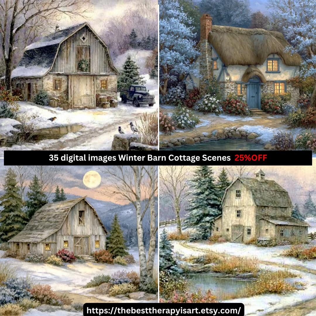 35 Snowy Winter Cabin Wall Art, Cozy Barn Landscape Prints, Rustic ...