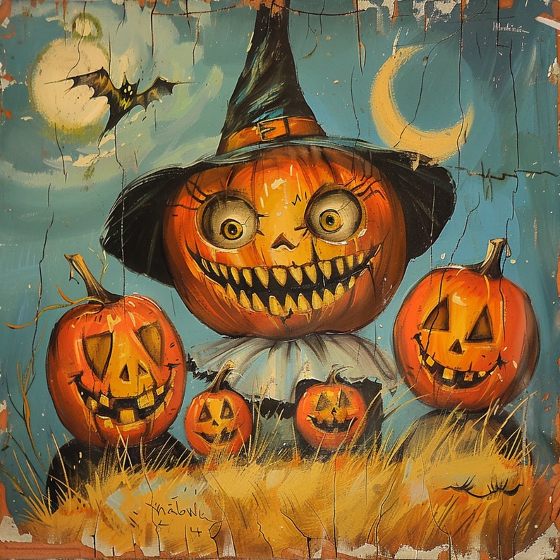 May include: A vintage Halloween painting depicting a pumpkin-headed scarecrow with a black hat, surrounded by jack-o'-lanterns. A bat flies near a crescent moon against a blue sky. The artwork has a distressed, aged appearance, with a rustic feel.