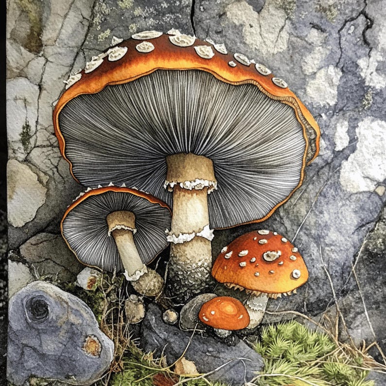 K&ouml;nnte beinhalten: Aquarellmalerei von mehreren Pilzen mit orangefarbenen Kappen und wei&szlig;en Punkten. Die Pilze sind vor einem Hintergrund aus grauen Felsen und gr&uuml;nem Moos angeordnet. Der gr&ouml;&szlig;te Pilz hat eine breite Kappe mit grauen Kiemen.