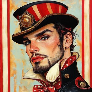May include: A painting of a person with a red, white, and blue striped hat, a black jacket with white polka dots, and a red bow tie. The person has a beard and is looking to the left.