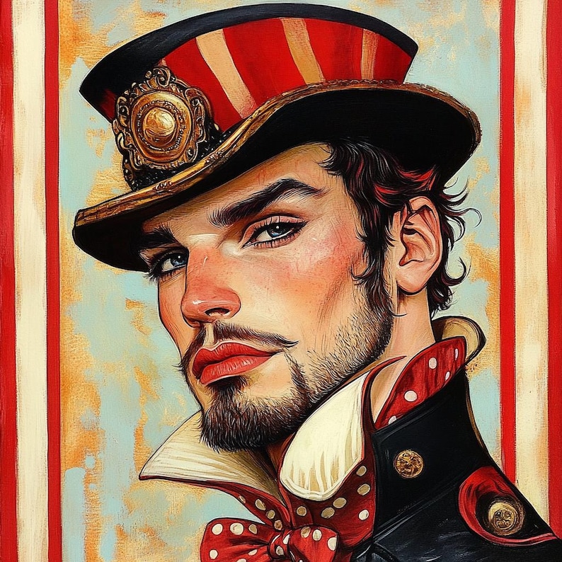 May include: A painting of a person with a red, white, and blue striped hat, a black jacket with white polka dots, and a red bow tie. The person has a beard and is looking to the left.