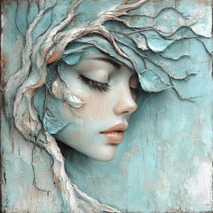 16 eterisk kvinna natur fantasi fusion digital konst drömskt texturerat porträtt omedelbar nedladdning stort kvadratiskt konstverk, andlig mindfulness.