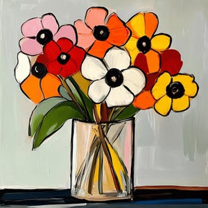 49 imágenes digitales, flores en un jarrón, arte contemporáneo moderno, floral, bohemio, póster de arte cuadrado grande, decoración vibrante del hogar