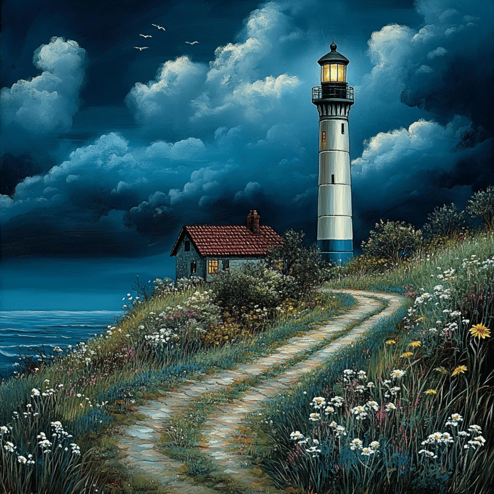 25 Digital Images, Lighthouse at Night, Large Square Moody Artwork ...