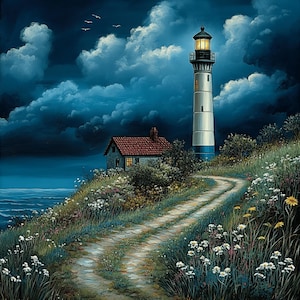 May include: A white lighthouse with a light on top stands on a cliff overlooking a dark blue ocean. A small house with a red roof is to the left of the lighthouse. A winding path leads up to the lighthouse from the bottom of the cliff. The sky is dark blue with white clouds.