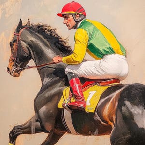 K&ouml;nnte beinhalten: Ein Jockey in einem roten, gelben und gr&uuml;nen Rennanzug reitet ein schwarzes Pferd mit einem gelben Sattel und der Nummer "1" darauf.