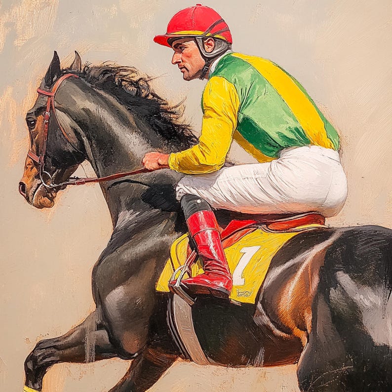 K&ouml;nnte beinhalten: Ein Jockey in einem roten, gelben und gr&uuml;nen Rennanzug reitet ein schwarzes Pferd mit einem gelben Sattel und der Nummer "1" darauf.