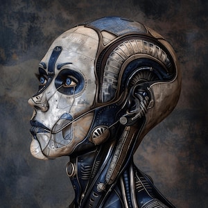 May include: A close-up of a robotic head with a blue and silver metallic finish. The head is detailed with intricate gears and wires, giving it a futuristic and mechanical aesthetic.