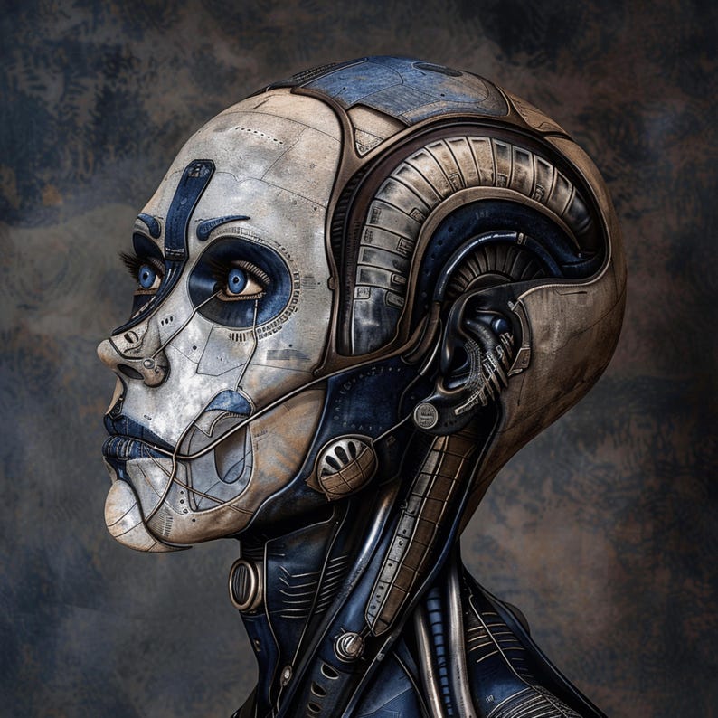 May include: A close-up of a robotic head with a blue and silver metallic finish. The head is detailed with intricate gears and wires, giving it a futuristic and mechanical aesthetic.