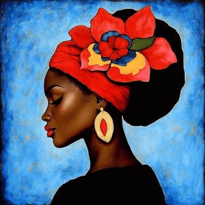 May include: A painting of a woman with dark skin wearing a red head wrap with a large colourful flower design. She is wearing gold earrings and has her eyes closed. The background is a light blue.