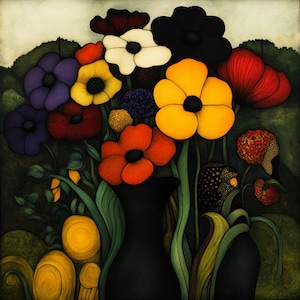 Può includere: Un dipinto vibrante di un bouquet di fiori stilizzati in un vaso nero. I fiori sono in tonalità di rosso, giallo, viola, bianco e nero, con steli e foglie verdi. Lo sfondo è verde scuro con sfumature di giallo.