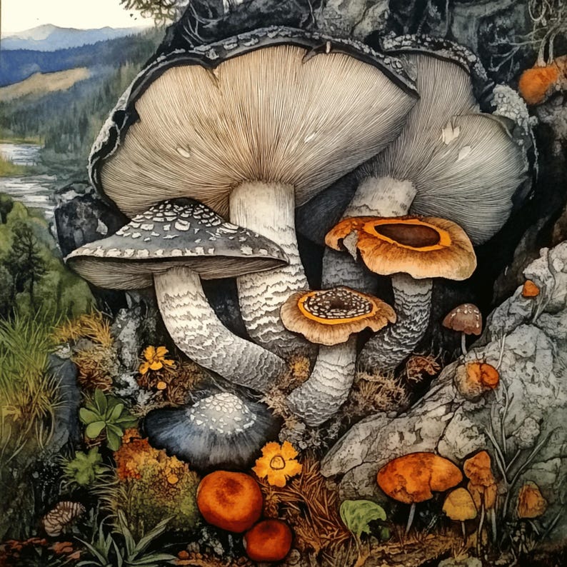 K&ouml;nnte beinhalten: Aquarellmalerei verschiedener Pilze in einer Waldlandschaft. Die Pilze haben wei&szlig;e, graue und orangefarbene Kappen mit detaillierten Texturen. Der Hintergrund umfasst Felsen, Bl&auml;tter und eine entfernte Landschaft mit einem Fluss.