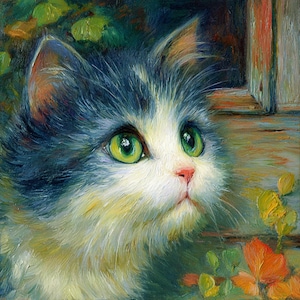 Può includere: Dipinto a olio di un gatto soffice con occhi verdi sorprendenti, che guarda in alto. Il gatto ha la faccia e il petto bianchi, con pelo grigio e bianco sulla testa e sulle orecchie. Lo sfondo comprende foglie verdi e arancioni e un telaio di finestra in legno.