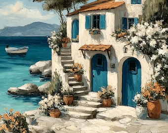 50 Mediterranean Coastal Village Print, Ocean View Wall Art, Nautical Decor Poster, Serene Seaside Painting, Tranquil Maritime Scene