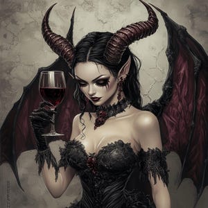 May include: A woman with dark hair and red horns wears a black lace dress and holds a glass of red wine. She has dark red wings and a black choker with a red jewel pendant.
