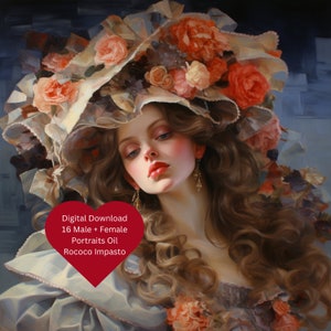 Impresiones digitales Retratos masculinos y femeninos Óleo Impasto Rococó Boho Botánico Impresión instantánea Descarga digital Decoración de pared asequible Obra de arte