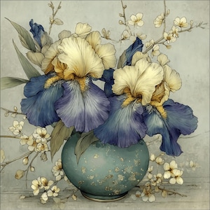 以下が含まれることがあります： 水彩画。大きな黄色と青のアイリスの花が、ターコイズ色の花瓶に活けられています。繊細な白い花と緑の葉がアイリスを引き立て、柔らかな灰色の背景に映えています。