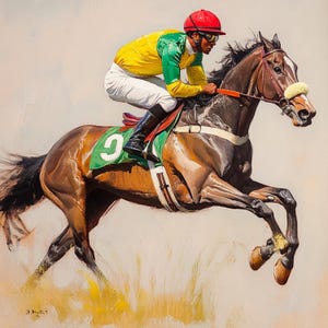 K&ouml;nnte beinhalten: Ein Gem&auml;lde eines braunen Pferdes mit einem Jockey in einem gr&uuml;n-gelben Rennanzug und einem roten Helm. Das Pferd springt in der Luft &uuml;ber ein Hindernis. Das Pferd tr&auml;gt einen gr&uuml;nen Sattelgurt mit der Nummer 9.