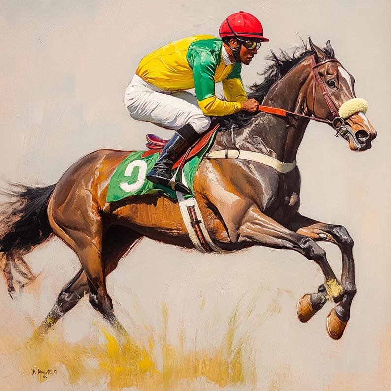 K&ouml;nnte beinhalten: Ein Gem&auml;lde eines braunen Pferdes mit einem Jockey in einem gr&uuml;n-gelben Rennanzug und einem roten Helm. Das Pferd springt in der Luft &uuml;ber ein Hindernis. Das Pferd tr&auml;gt einen gr&uuml;nen Sattelgurt mit der Nummer 9.