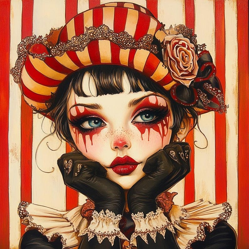 May include: A portrait of a person with red and white striped hat, red and white striped makeup, and black gloves. The person is looking to the right and has a red and white striped background.