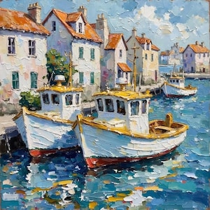 May include: An oil painting featuring two white fishing boats with yellow trim docked in a harbor. In the background, several multi-story buildings with orange roofs line the waterfront under a bright blue sky with thick, textured brushstrokes.