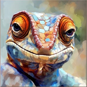 Puede incluir: Pintura colorida de la cara de un camaleón sonriente. Los grandes ojos naranjas contrastan con los tonos azules, rosas y amarillos de la piel. La obra de arte es vibrante y detallada, capturando la expresión del reptil.