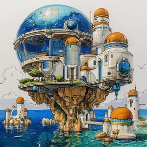 May include: A watercolor illustration of a futuristic city built on a rocky island. The city is surrounded by a large, blue, spherical structure with windows. The city is white with orange accents and has a variety of towers and buildings. The island is surrounded by blue water.