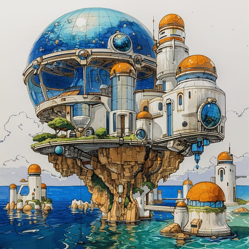 May include: A watercolor illustration of a futuristic city built on a rocky island. The city is surrounded by a large, blue, spherical structure with windows. The city is white with orange accents and has a variety of towers and buildings. The island is surrounded by blue water.